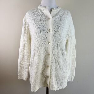 Vtg 60s Billie Jo Acrylic Ivory Cardigan Sweater MCM Pointelle Style Size M/L ?